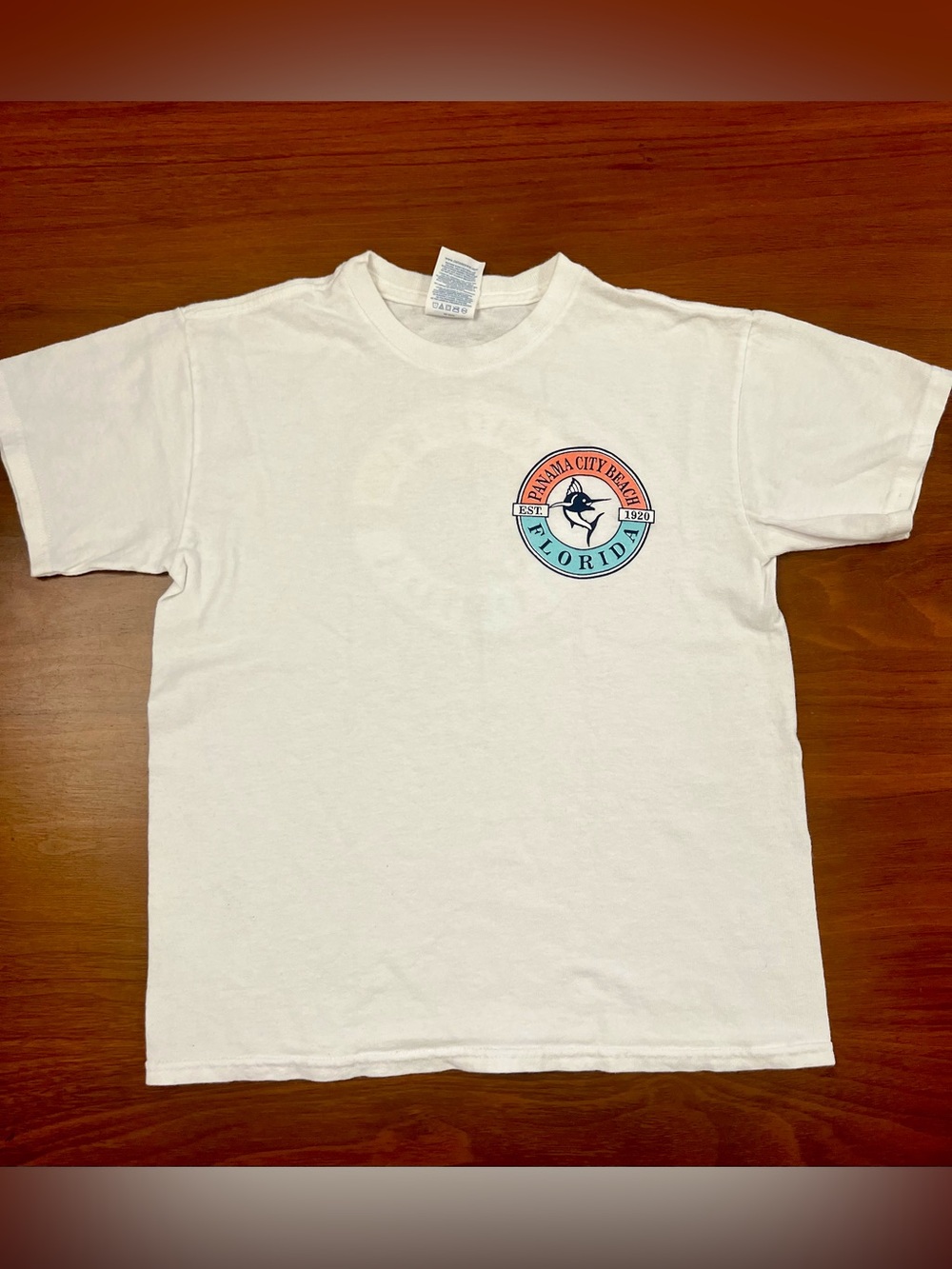 Vintage Panama City Beach FL Youth M T-Shirt White Marlin Fish Beach Graphic Tee